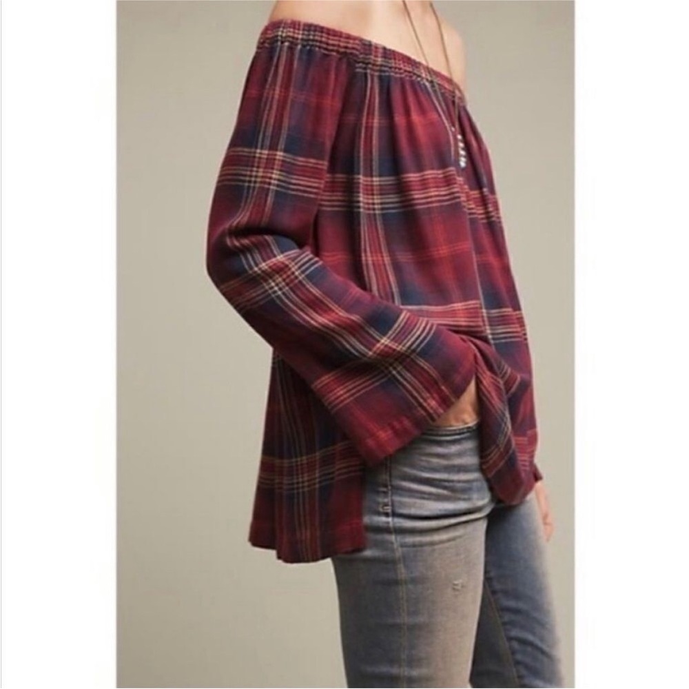 ANTHROPOLOGIE CLOTH & STONE OFF SHOULDER PLAID TOP